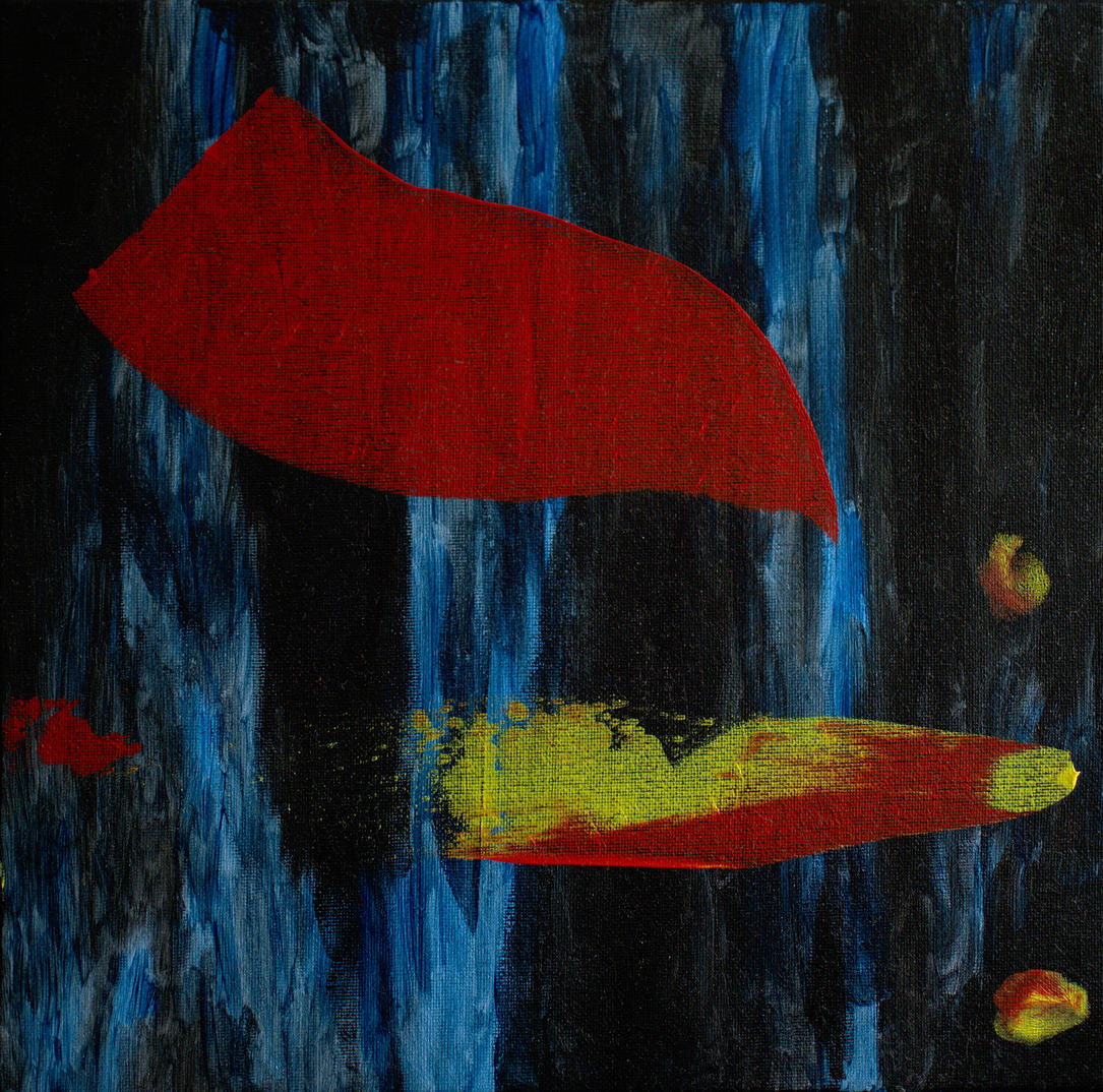 Artwork abstract-red-yellow-on-blue-black-on-canvas